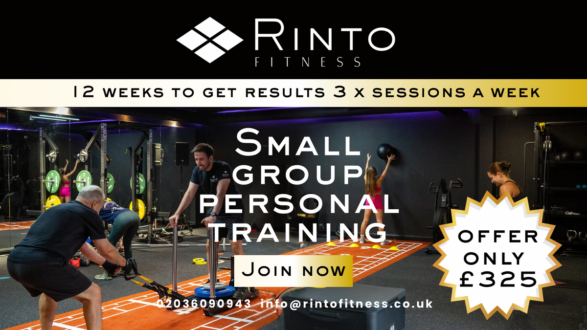 Small Group Personal Training offer at Rinto Fitness, showing clients working out with a trainer for 12 weeks, 3 sessions a week for £325.